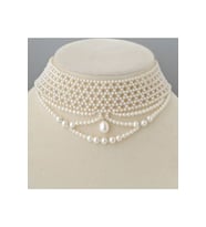 Küçük İncili Tasma Kolye Mini İnci Boncuklu Choker Kolye (Krem)