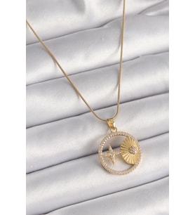 316L Çelik Gold Renk Zincir Zirkon Taşlı Yıldız İşleme Madalyon Model Kadın - EEEEEE3544-2