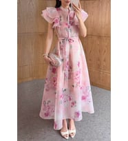 Kadın Pembe Çiçek Desenli Fırfırlı Elbise