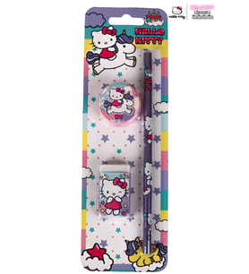 DEKOMUS İLE LİSANSLI HELLO KITTY 3'LÜ KIRTASİYE SETİ KURŞUN KALEM,SİLGİ VE KALEMTRAŞ (Krem)