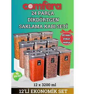 12'li Dikdörtgen Saklama Kabı Seti, 24 Parça, Çeyizlik ve Erzak Saklama