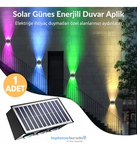 TechnoSmart 1Adet Güneş Enerjili Çift Taraflı 6 Ledli Aplik RGB Işık Duvar Lambası Bahçe Aydınlatma