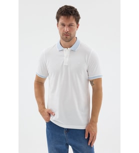 Beyaz-Mavi Polo Yaka Pike Kısa Kol Slim Fit %100 Pamuk Tişört 1011260171
