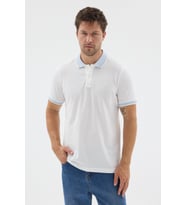 Beyaz-Mavi Polo Yaka Pike Kısa Kol Slim Fit %100 Pamuk Tişört 1011260171