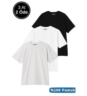 Erkek 3'lü Paket Siyah-Beyaz-Gri Melanj Pamuklu Oversize Tişört Bisiklet Yaka Kısa Kollu T-Shirt