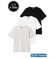 Erkek 3'lü Paket Siyah-Beyaz-Gri Melanj Pamuklu Oversize Tişört Bisiklet Yaka Kısa Kollu T-Shirt