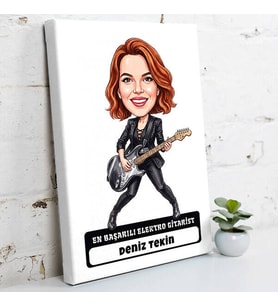 Elektro Gitariste Hediye Kadın Karikatürlü Kanvas Tablo