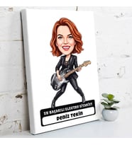 Elektro Gitariste Hediye Kadın Karikatürlü Kanvas Tablo