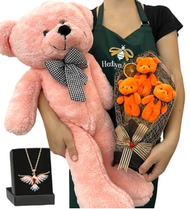 Premium Hediye Seti - Renkli Anka Kuşu Kolyeli, 3'lü Ayıcık Buketli ve Pembe Peluş Ayıcıklı Set (Model 3)