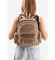 Suni Deri Kadın Sırt Çantası 38*28 Cm Mega Bag Günlük Kullanıma Uygun Çok Cepli İçi Astarlı (Vizon)