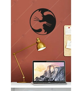 Yin Yang Kedi Temalı Ahşap Duvar Dekorasyonu Tablosu (Siyah)