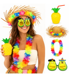 4 Parça Hawaii Parti Seti Ananas Bardak Hasır Şapka okado Gözlük Çiçek Kolye