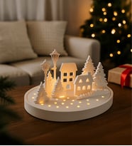 Otaera Yılbaşı Temalı Tealight Mumluk - Ev & Ağaç Figürlü Dekoratif Ürün, Beyaz Düşler Köyü, Yılbaşı Hediye (Naturel)
