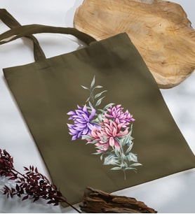 BK Gift Çiçek Tasarımlı Haki Kumaş Bez Çanta, Baskılı Omuz Çantası, Alışveriş Çantası, Arkadaşa Hediye-2