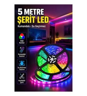 5 Metre Su Geçirmez Şerit LED – Kumandalı, Çok Modlu ve Parlaklık Ayarlı