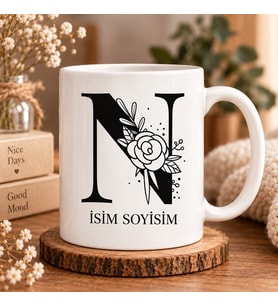 Kişiye Özel Baş Harf ve İsim Yazılı Gül Motifli N Harfli Seramik Kupa Bardak