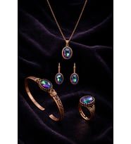 Kadın Bakır Bileklik Yüzük Küpe Kolye Takım Seti Doğal Mistik Topaz Oval Model Bakır Set