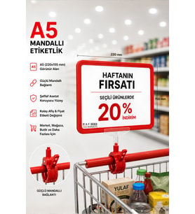 A5 Mandallı Etiketlik Fiyatlık Sepet Raf Askılık Fiyat Etiketi Çerçeveli Market Mağaza Kırmızı