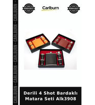 Özel Üretim Hediyelik Set Deri Kaplı Aksesuar Derili 4 Shot Bardaklı Matara Seti Alk3908