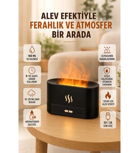 Ultrasonik Aromaterapi Difüzörü 180 ML Hazneli Dekoratif Alev Efektli Nemlendirici