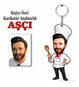 Fotoğraftan Kişiye Özel Kişiye Aşçı Karikatür Anahtarlık Karikatürlü 8 cm MDF Anahtarlık - Kişiye Aşçı Karikatür Anahtarlık Hediyesi Aşçı ve Şef Hediyesi