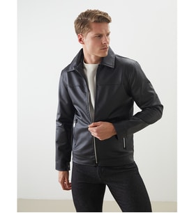 LCWAIKIKI Classic Siyah Slim Fit Gömlek Yaka Erkek Deri Görünümlü Ceket