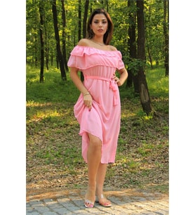 Neşeli butik kadın pembe kuşaklı madonna yaka baby shower elbise NB8060