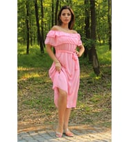 Neşeli butik kadın pembe kuşaklı madonna yaka baby shower elbise NB8060