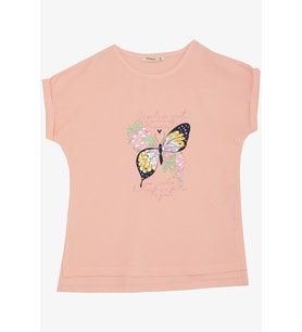 Breeze Kız Çocuk Tişört Kelebek Baskılı 10-16 Yaş, Pembe