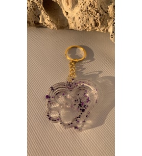 Çift Kalpli Pati Şekilli Mor Glitter Süslemeli Gold Aksesuarlı Epoksi Anahtarlık El Yapımı Hediyelik