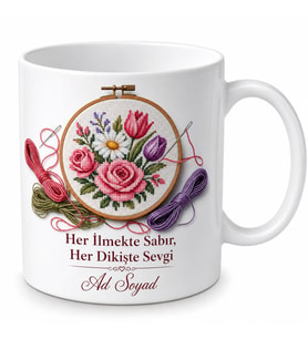 Nakış İşleyenlere Özel Çiçek İğne İplik Kasnak Temalı Porselen Kupa Bardak Hediye