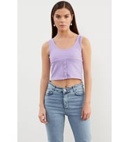 Askılı Düğme Detaylı Ribana Crop Tişört - Lila