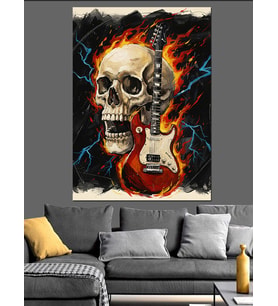 Gitarlı Kurukafa Rock Müzik Dekoratif Kanvas - Mdf Ahşap Tablo