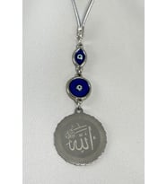 Mineli Nazar Detaylı Çelik Allah Lafzı Araba Dikiz Ayna Süsü, Gümüş Renkli Yeni Araba Hediyesi
