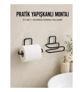Mey İthalat® 2 Adet Yapışkanlı WC Kağıtlık Siyah Metal Pratik Duvar Tipi Rulo Tutucu
