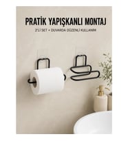 Mey İthalat® 2 Adet Yapışkanlı WC Kağıtlık Siyah Metal Pratik Duvar Tipi Rulo Tutucu