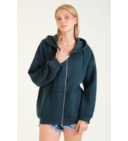 Giyim Dünyası Kadın 3 İp Şardonlu Kapüşonlu Fermuarlı Oversize Sweatshirt Yeşil