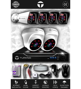 TURKNO 6 Kameralı Karia 2 İç Kamera Set HDD'siz Full HD Gece Görüşlü Güvenlik Kamerası Sistemi