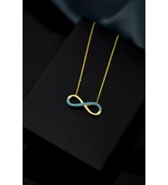 925 Ayar Gold Kaplama Yarım Firuze Taşlı Sonsuzluk Kadın Kolye