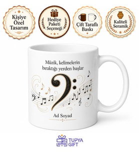 Fa Anahtarı Temalı Baskılı Kupa Bardak Müzik Hediye Porselen Mug