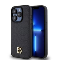 Apple iPhone 15 Pro Uyumlu Kılıf DKNY Orjinal Lisanslı M-safe Şarj Özellikli 3D Yazılı Repeat Pattern Kapak (Siyah)