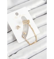 Pirinç Üçgen Figürlü Zirkon Taşlı Gold Renk 3'lü Kıkırdak Kadın Küpe Set (Altın)