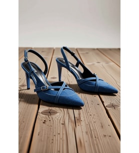 Kadın Sivri Burun Denim Slingback Topuklu Ayakkabı İnce Topuk Tokalı Detaylı Günlük Rahat Modern