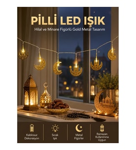 Mey İthalat® Pilli Minareli Hilal LED Işık Gold Metal Ramazan Dekorasyonu