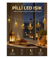 Mey İthalat® Pilli Minareli Hilal LED Işık Gold Metal Ramazan Dekorasyonu