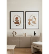 Nötr Tonlarda Modern Soyut Sanat 2’li Ahşap Çerçeveli Tablo Seti