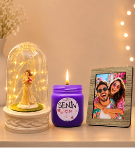 Kişiye Özel Fotoğraflı LED Işıklı Fanus (şans melekli) ve Kokulu Cam Mum Hediye Seti