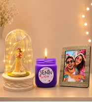 Kişiye Özel Fotoğraflı LED Işıklı Fanus (şans melekli) ve Kokulu Cam Mum Hediye Seti