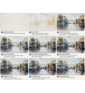 %100 El Yapımı Suluboya Mostar Köprüsü Manzara Resim 55x37 cm Çerçevesiz