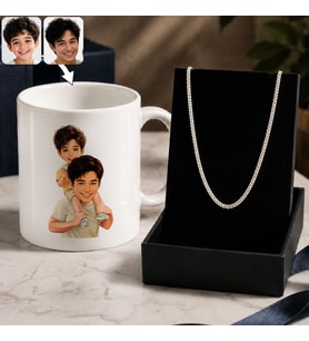 BK Gift Kişiye Özel Baba&Çocuk Karikatürlü Beyaz Kupa & Kral Zincir Kolye -1, Babalar Günü Hediyesi